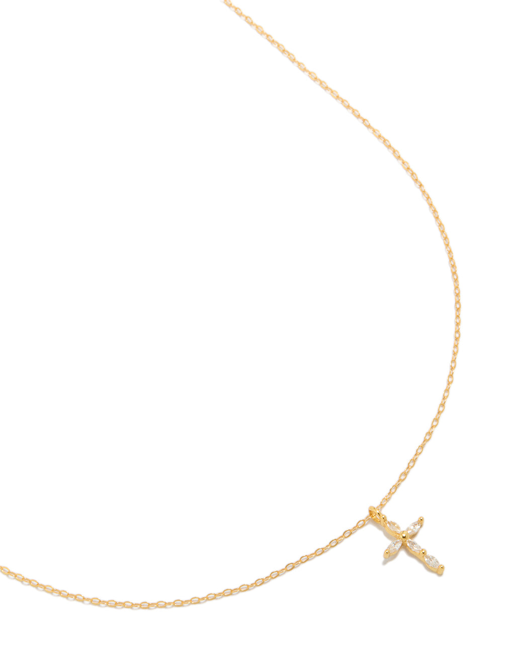 Showcasing a gold plated sterling silver cubic zirconia cross necklace close up view