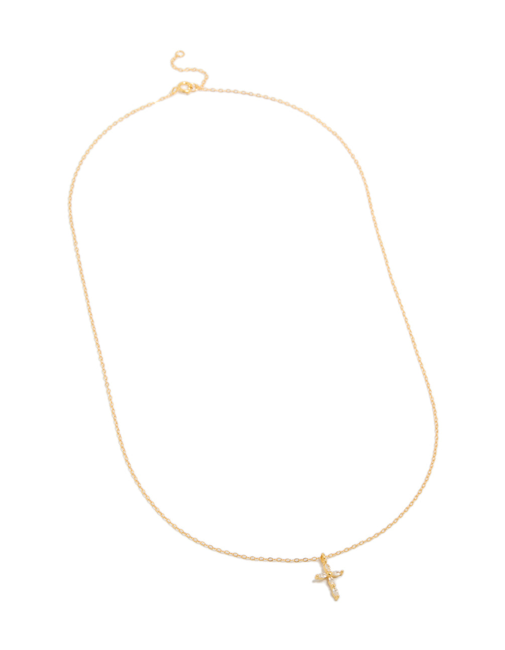 Featuring a gold plated sterling silver cubic zirconia cross necklace front view