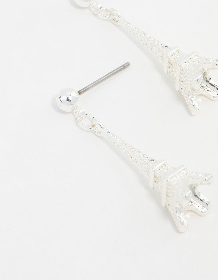 Small Silver Eiffel Tower Drop Earrings