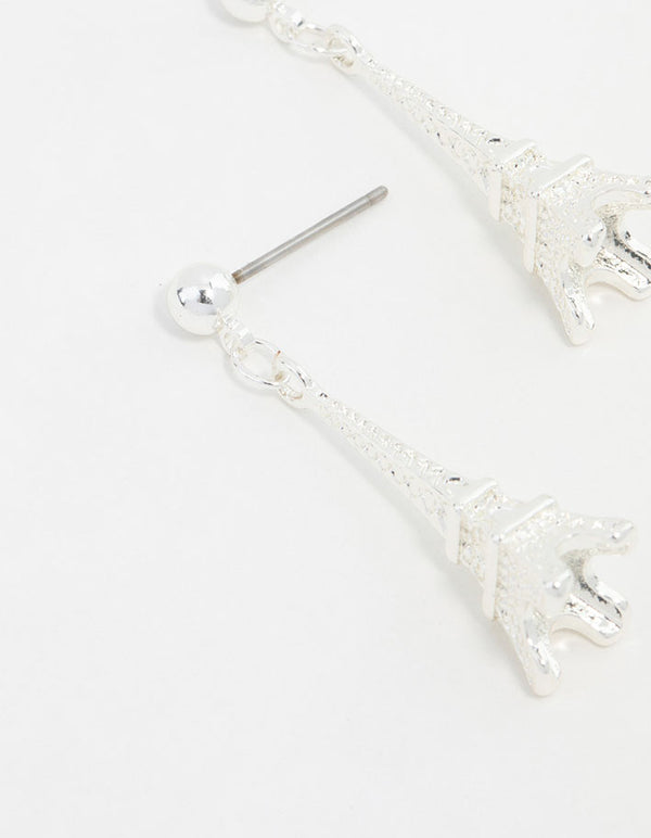 Small Silver Eiffel Tower Drop Earrings