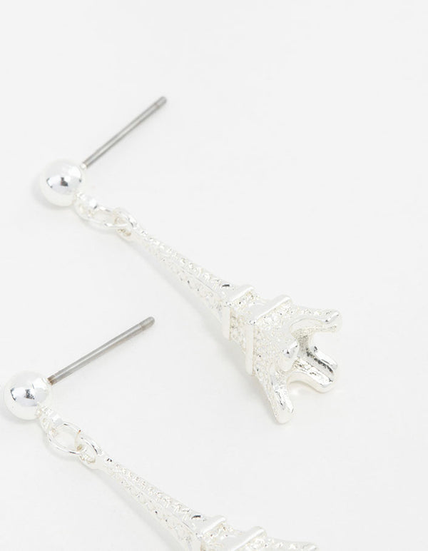 Small Silver Eiffel Tower Drop Earrings