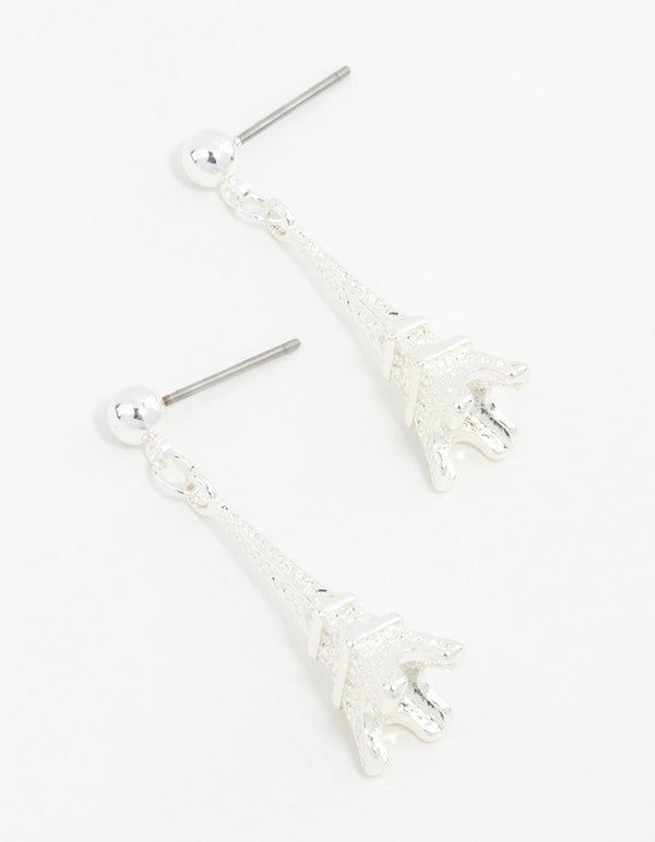 Small Silver Eiffel Tower Drop Earrings