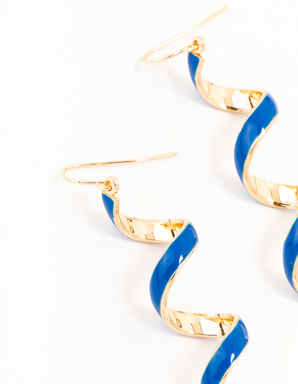 Gold Blue Enamel Spiral Drop Earrings