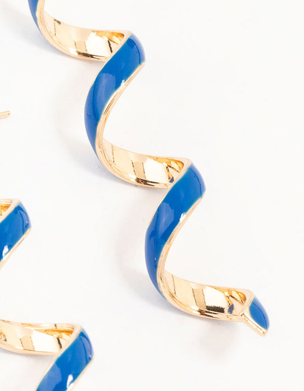 Gold Blue Enamel Spiral Drop Earrings