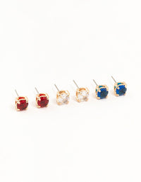 Coloured Diamante Gold Stud Earrings 3-Pack - link has visual effect only