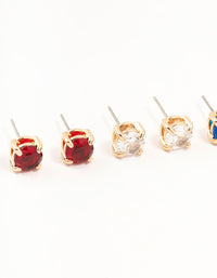 Coloured Diamante Gold Stud Earrings 3-Pack - link has visual effect only