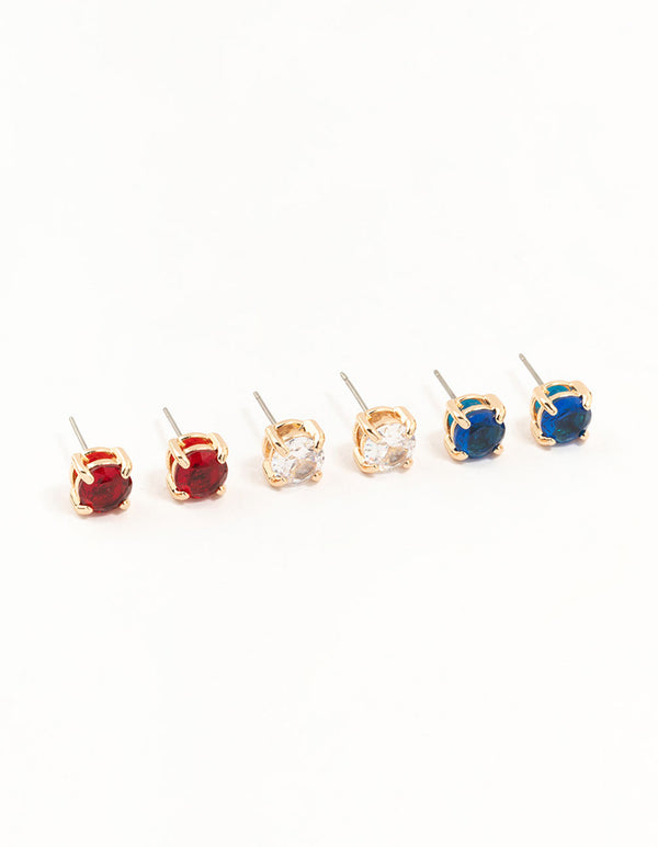 Coloured Diamante Gold Stud Earrings 3-Pack