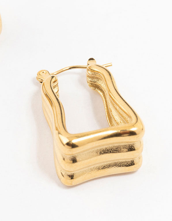 Waterproof Gold Plated Stainless Steel Square Wave Hoop Earrings