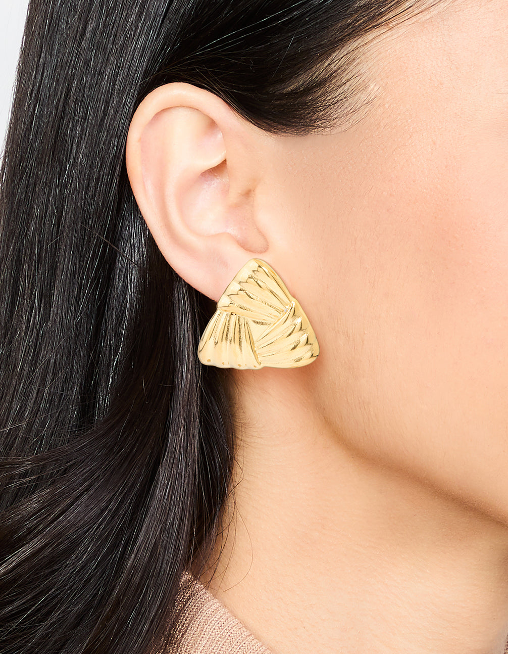 Waterproof Gold Plated Stainless Steel Ribbed Triangle Stud Earrings