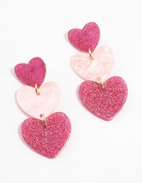 Triple Pink Acrylic Glitter Heart Drop Earrings - link has visual effect only