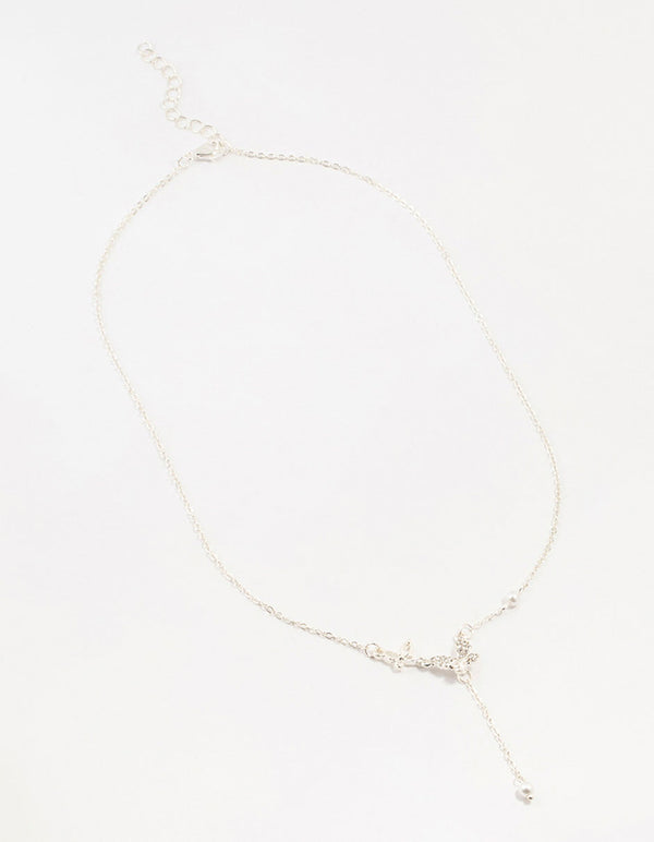 Silver Diamante Pearl Butterfly  Y-Necklace