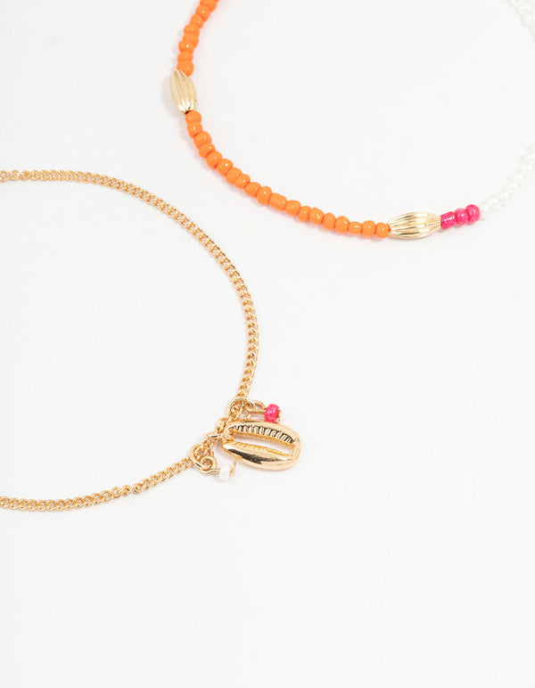 Gold Beaded Shell Anklets 2-Pack