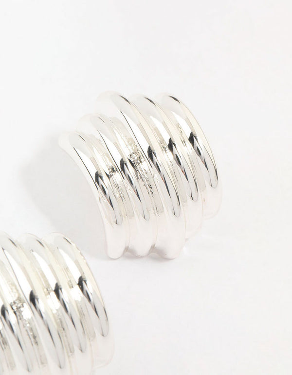 Silver Plated Ribbed Medium Stud Earrings