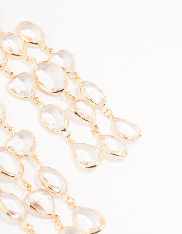 Gold Clear Crystal 3 Row Drop Earrings