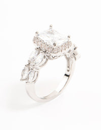Showcasing a silver eloquent cubic zirconia rectangular ring featuring a center stone surrounded by pave detailing side detail view - link has visual effect only