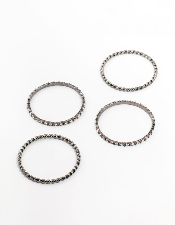 Black Silver Diamante Bangles 4-Pack