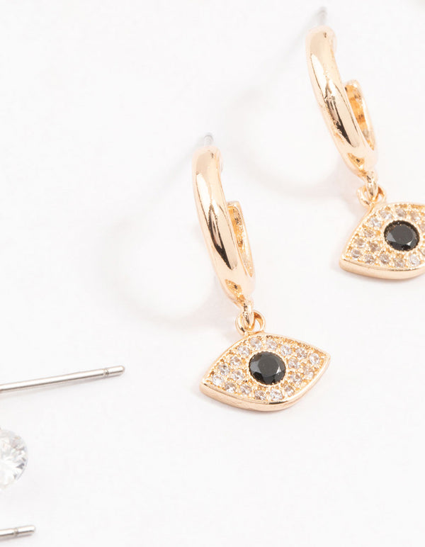 Evil Eye Gold Cubic Zirconia Hoop Earrings 3-Pack