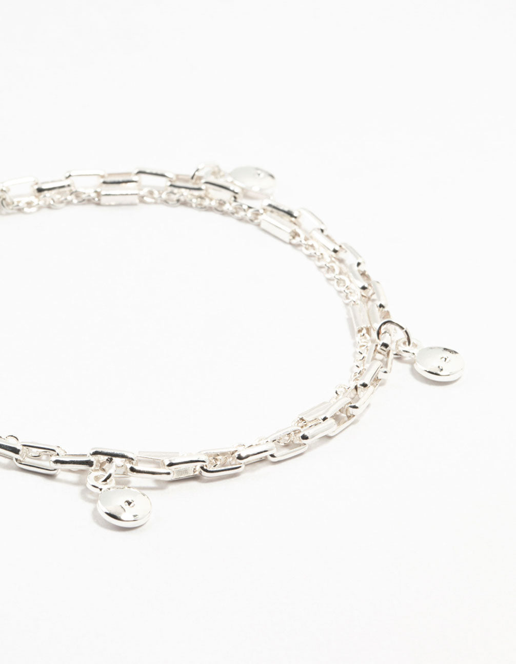 Silver Plated Brass  Station Disk Double Charm Layered Bracelet