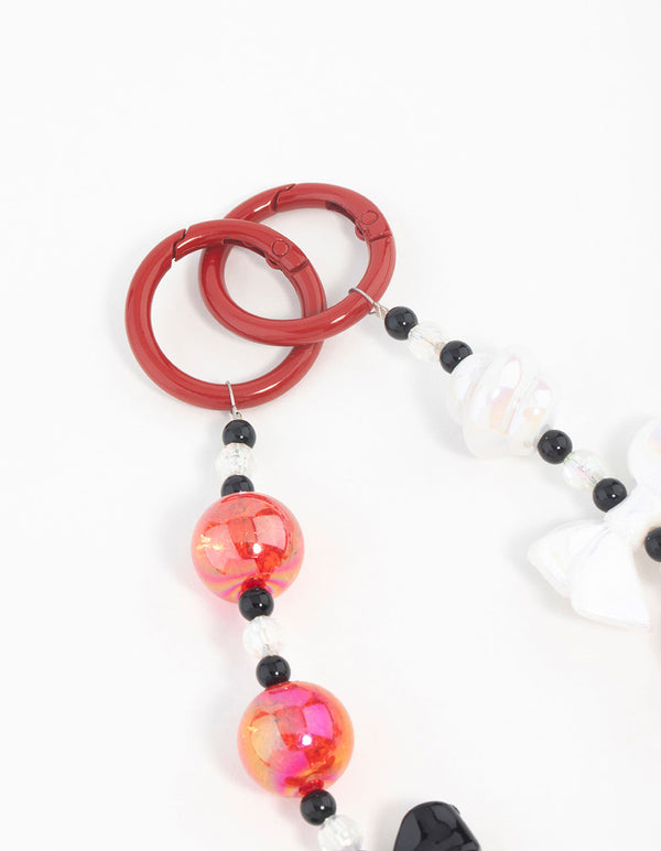 Red, White & Black Pearl & Bow Heart Keychain