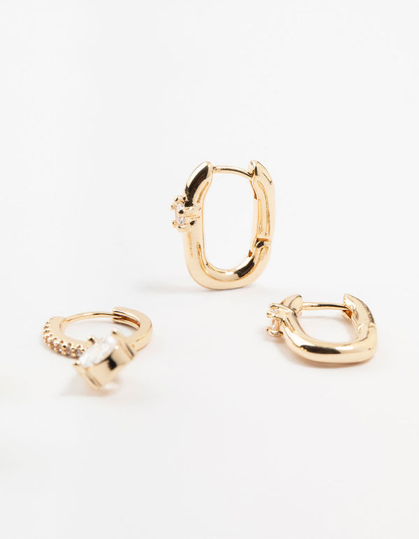Gold Square & Cubic Zirconia Drop Hoop Earrings Pack