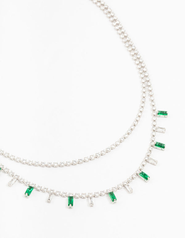 Silver Baguette Green & Silver Cubic Zirconia Stones Layered Necklace