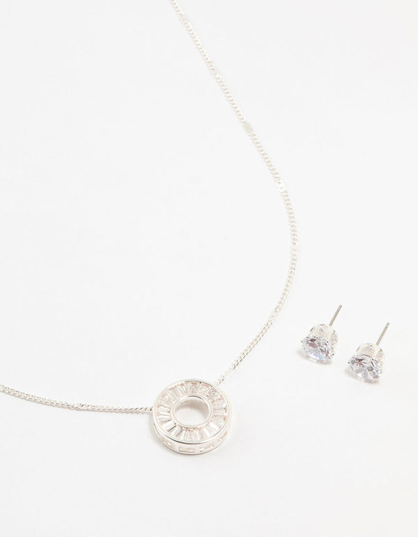 Silver Cubic Zirconia Donut Pendant Necklace & Earrings Set
