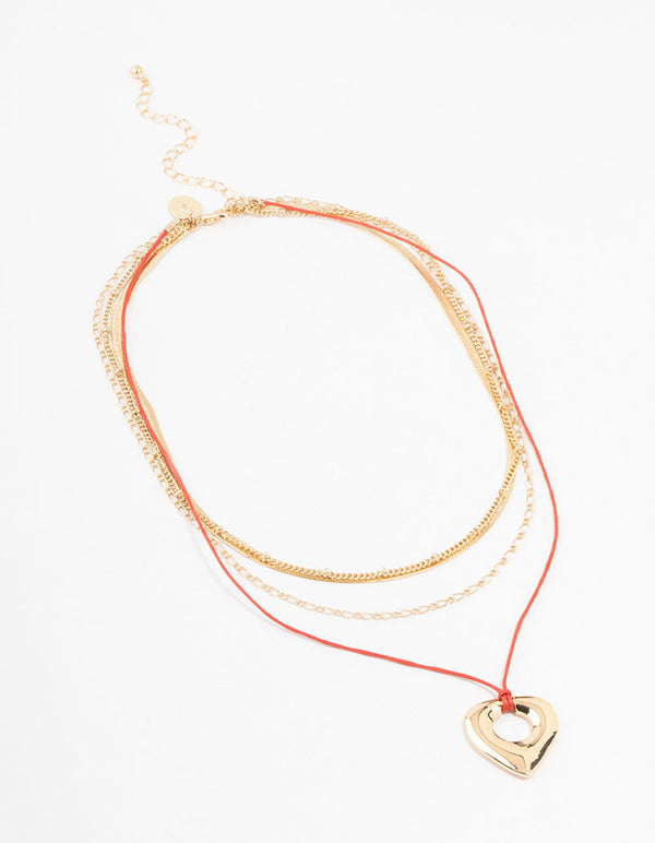 Gold & Red Cord Heart Layered Necklace