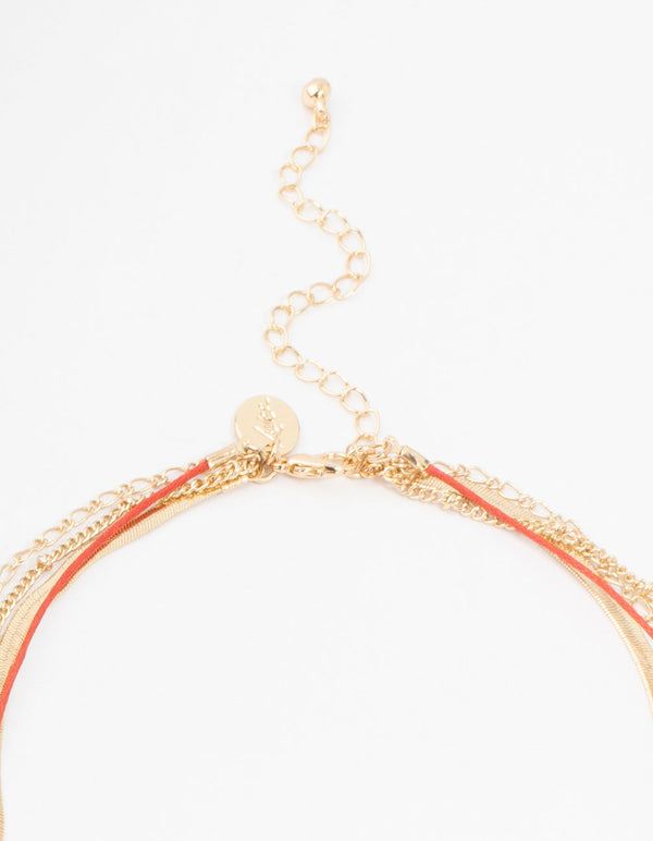 Gold & Red Cord Heart Layered Necklace
