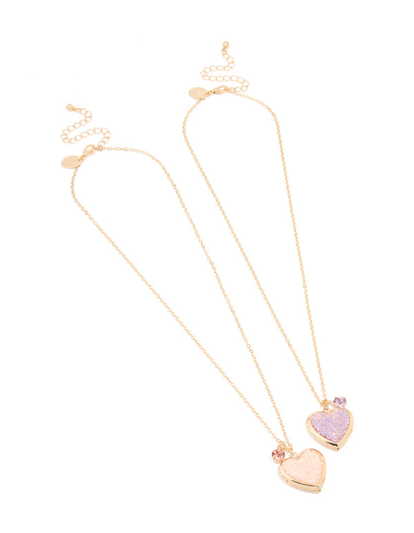 Gold Pink Sprinkle Heart Locket Necklaces 2-Pack