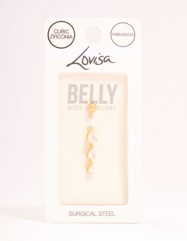 Gold Plated Surgical Steel Trio Mini Pear Cubic Zirconia Belly Bar
