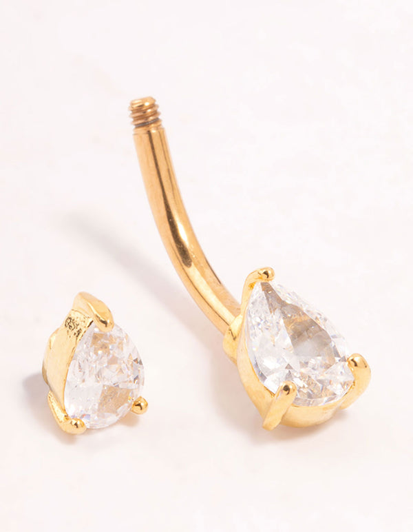 Gold Plated Titanium Double Pear Cubic Zirconia Belly Bar