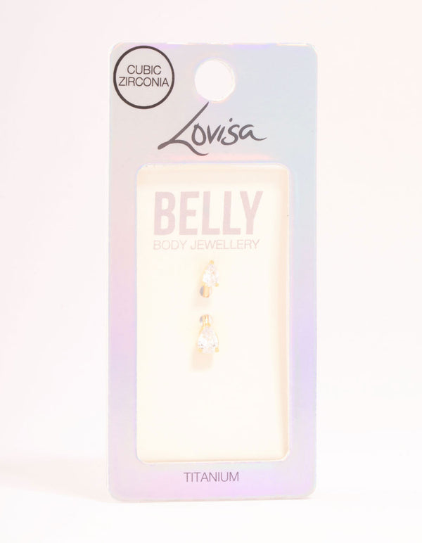 Gold Plated Titanium Double Pear Cubic Zirconia Belly Bar