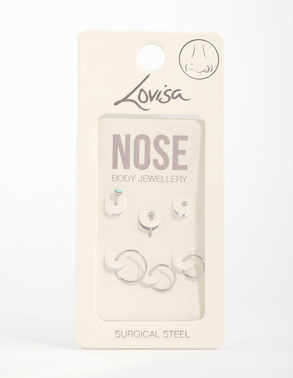 Surgical Steel Fine Graduating Cubic Zirconia Nose Ring & Stud 6-Pack