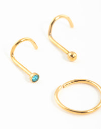 Gold Plated Surgical Steel Teal Diamante Nose Stud & Ring 3-Pack - link has visual effect only