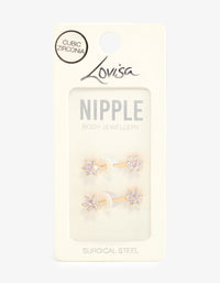 Gold Plated Surgical Steel Cubic Zirconia Flower Nipple Bars 2-Pack - link has visual effect only
