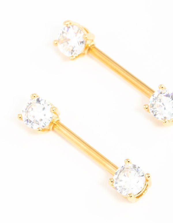 Gold Plated Surgical Steel Cubic Zirconia Nipple Bars 2-Pack