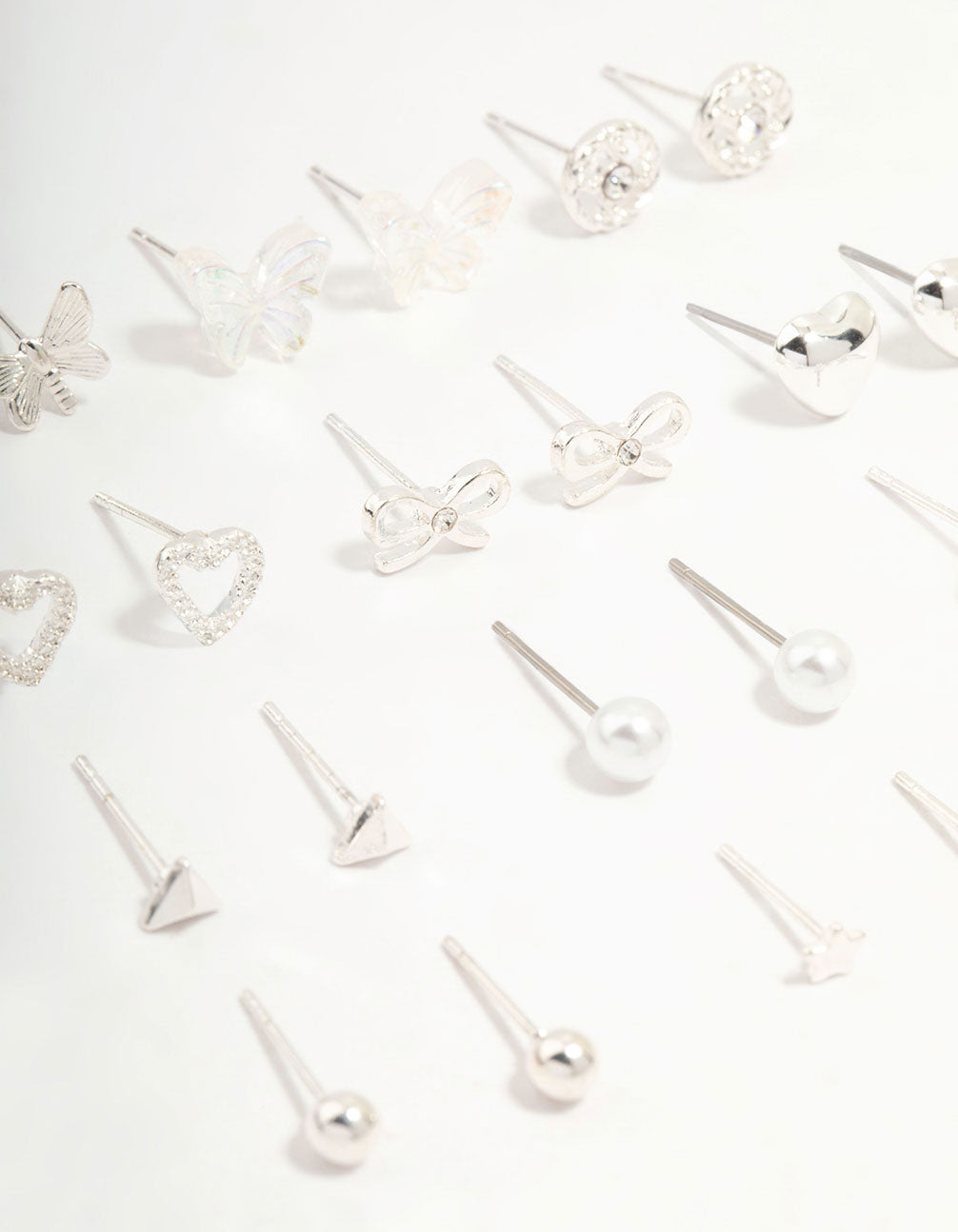 Silver Butterfly & Mixed Style Stud Earrings 12-Pack