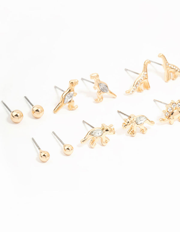 Gold Dinosaur & Diamante Stud Earrings 8-Pack
