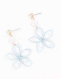 Blue Coated Metal Wire Flower Pearl Drop Earrings - link has visual effect only