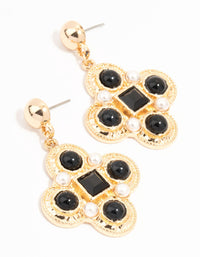 Gold Pearl & Black Diamante Vintage Cross Stud Earrings - link has visual effect only