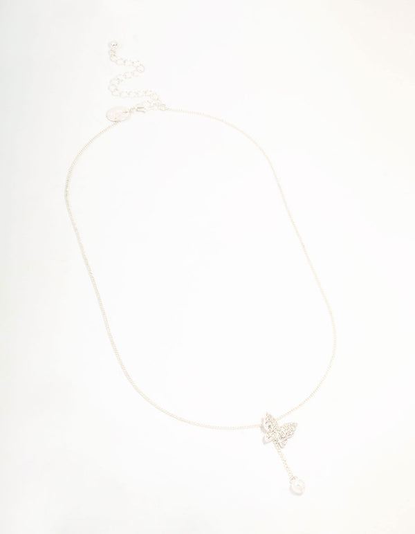 Silver Diamante Butterfly & Pearl Y-Necklace