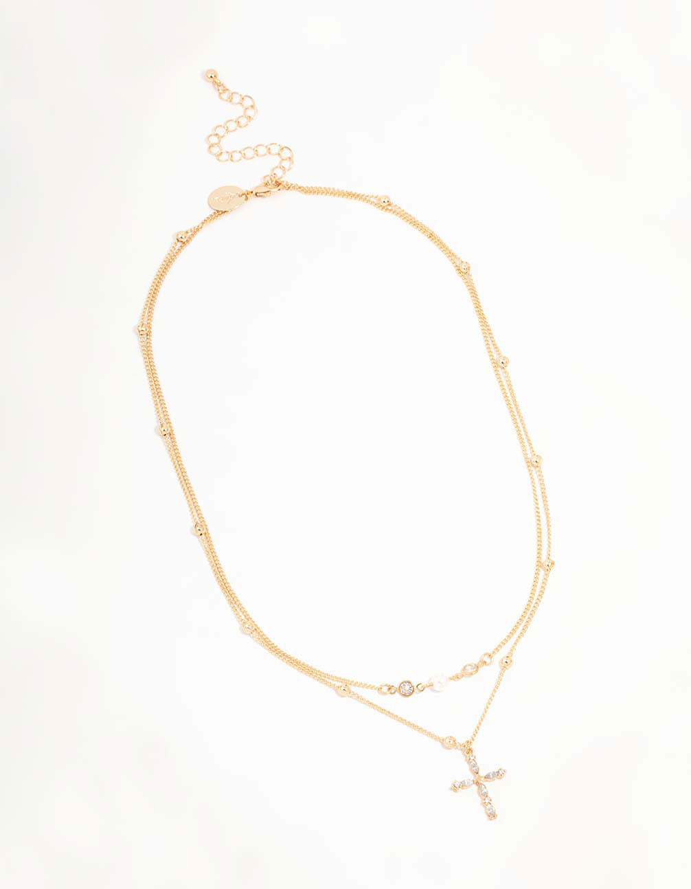 Gold Layered Diamante Cross & Pearl Necklace