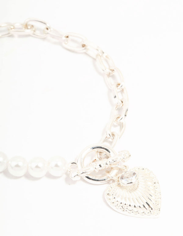 Silver Chain Pearl Heart T & O Bracelet