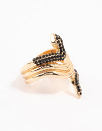 Presenting a statement snake ring in gold with black diamante detailing front view - link has visual effect only