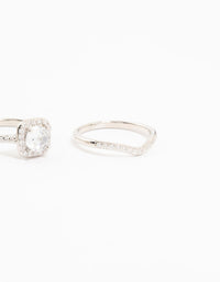 Elegant silver pointed and halo ring pack designed with cubic zirconia stones in halo cut side detail view - link has visual effect only