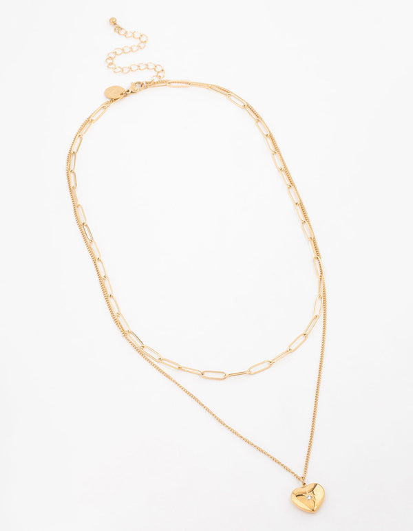 Waterproof Gold Plated Stainless Steel Heart Layered Pendant Necklace