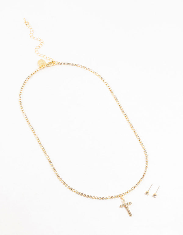 Gold Plated Tennis Cross Necklace & Stud Earrings Set