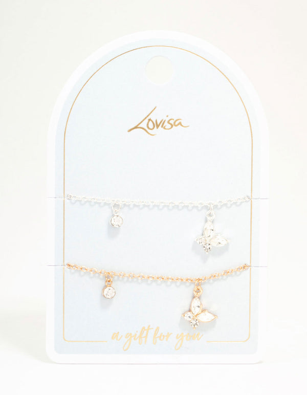 Mixed Metals Diamante Butterfly Bracelets 2-Pack