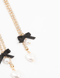Gold Cup Chain Heart Black Bow Drop Earrings - link has visual effect only