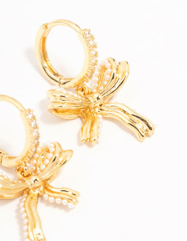 Gold Plated Brass Freshwater Pearl Encrusted Bow Drop Huggie Earrings